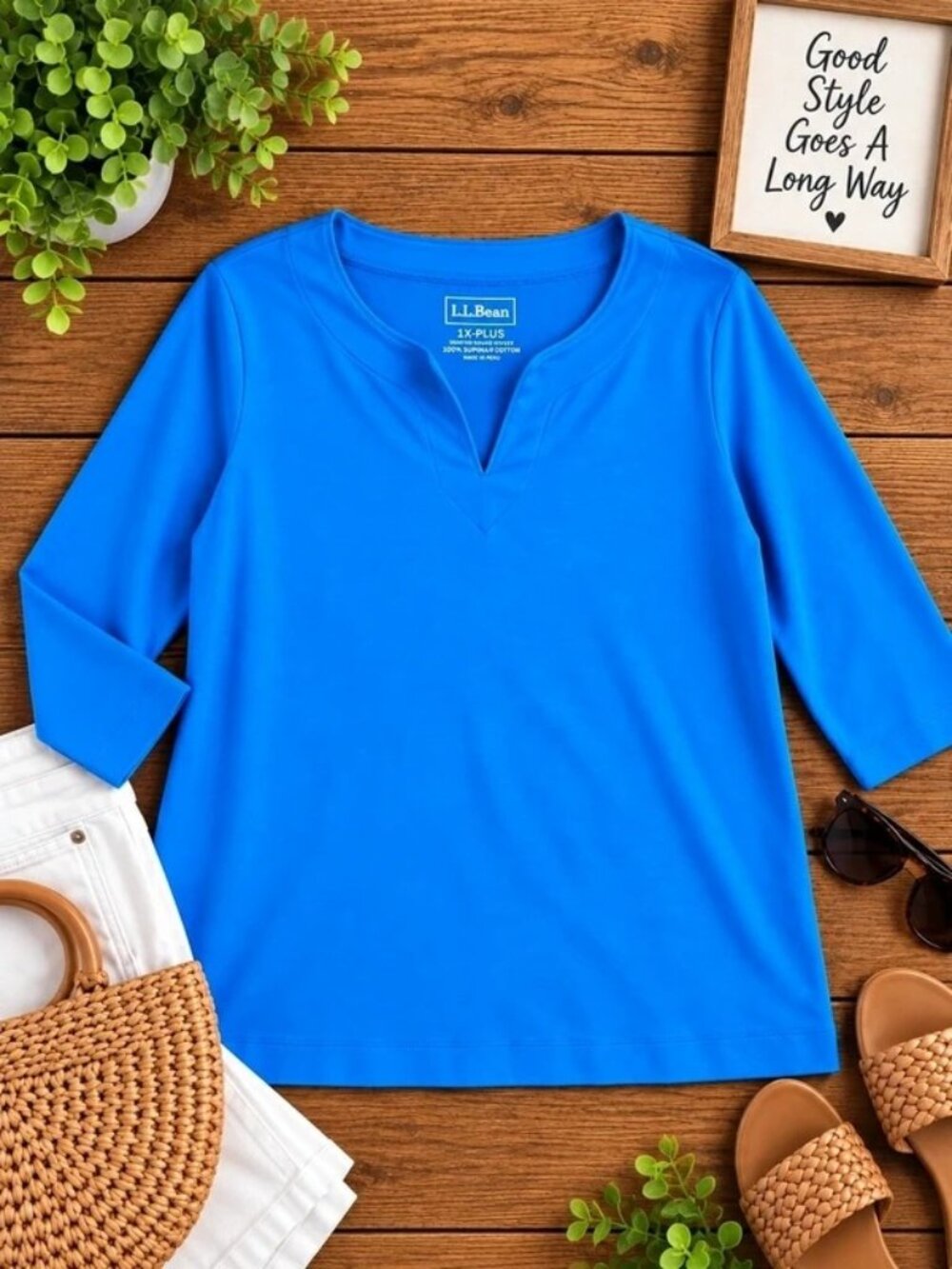 L.L.Bean Women’s Supima Cotton 3/4 Sleeve Split Neck Top Blue 1X Plus